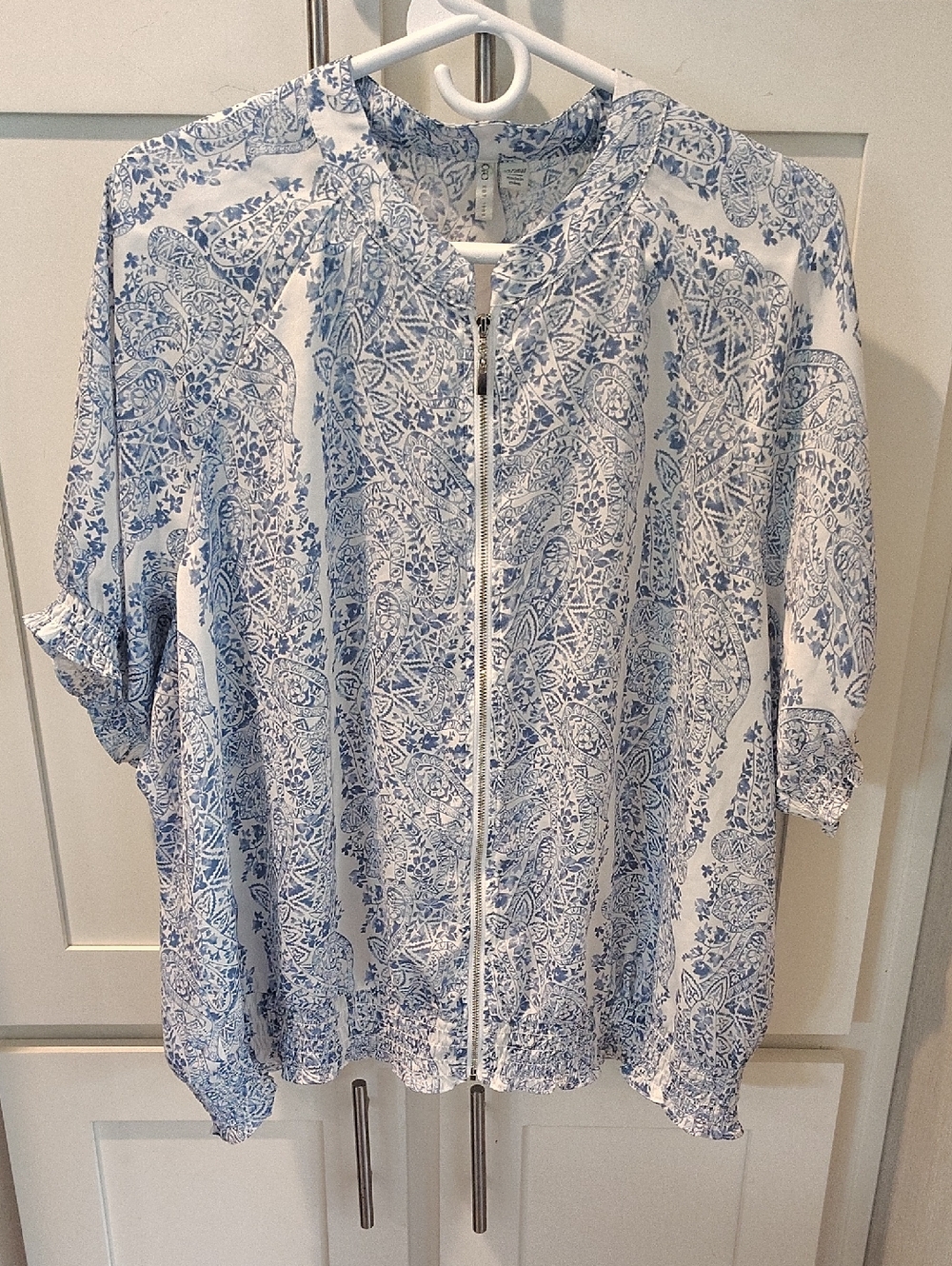 Cato Blue and White Printed Zip-Front Bomber